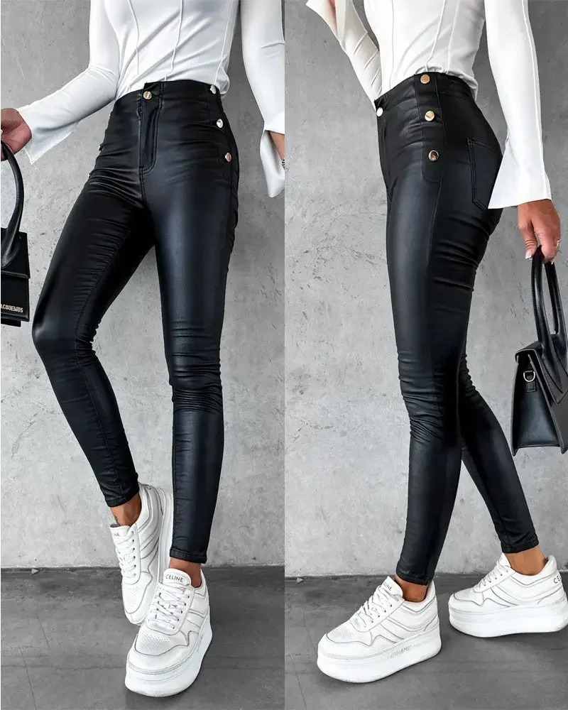 Women Pants 2024 Spring Autumn Casual Pu Leather Side Button Skinny Long Pants Fashion Basics Tight Trousers Female Street Wear