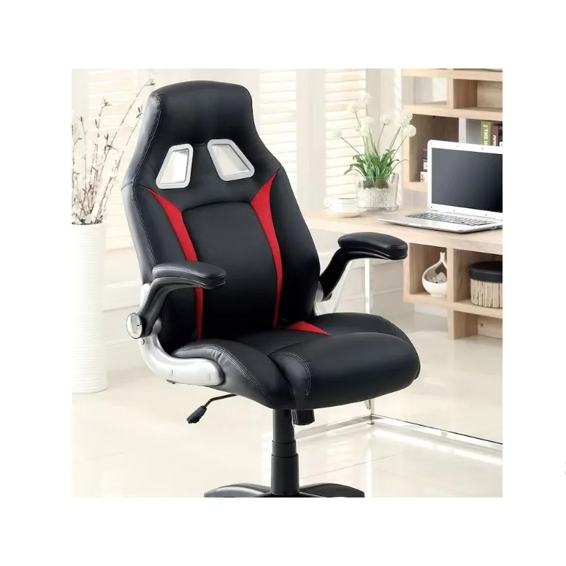 Black and red upholstered office chair Comfortable adjustable game chair for relaxing padded work seat