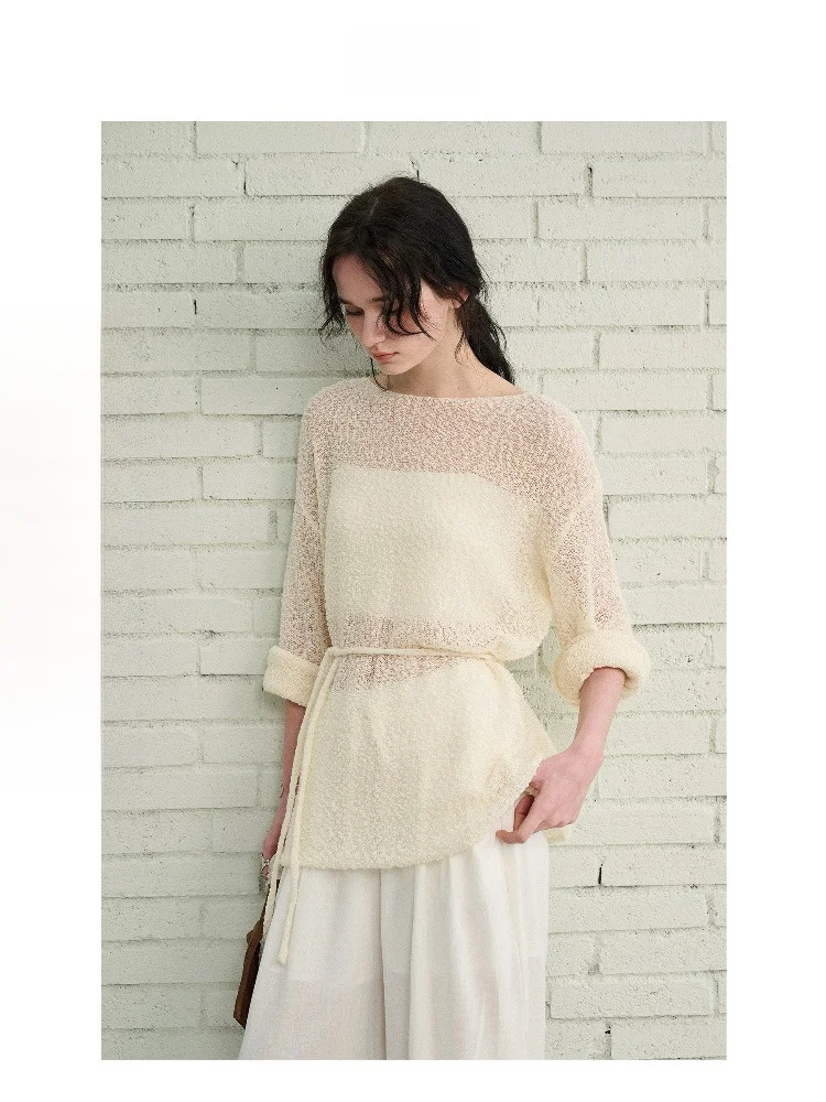 

Вязаный шерстяной пояс Ele из смесовой шерсти с прозрачными микроотверстиями, высококачественный, с текстурой петельчатой петли, летний, модный, женский.