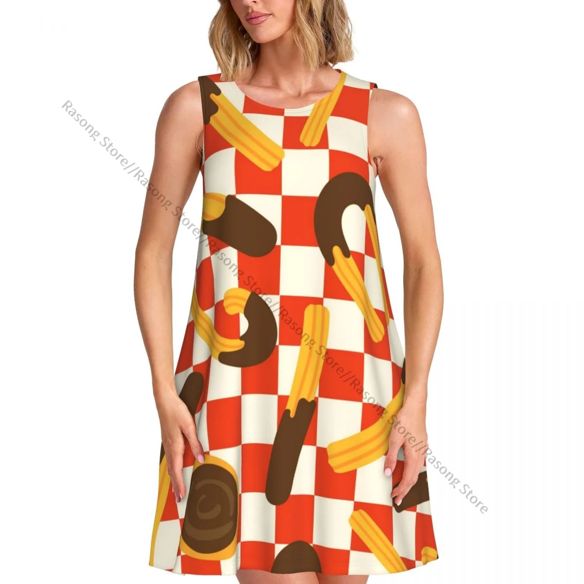 فستان نسائي صيفي كاجوال فساتين تي شيرت لتغطية الشاطئ مع فستان بدون أكمام بالشوكولاتة