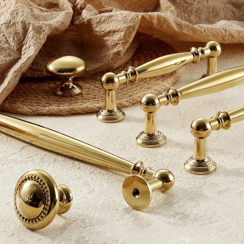 Solid Copper Luxury Wardrobe Dresser Drawer Knobs Door Handle Brass Furniture Handles Bright Gold Cupboard Kitchen Cabinet Pulls