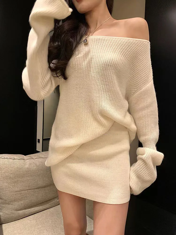 Autunno Sexy Designer lavorato a maglia due pezzi Set donna Off spalla Y2k Vintage minigonna vestito femminile moda coreana Casual Set 2023
