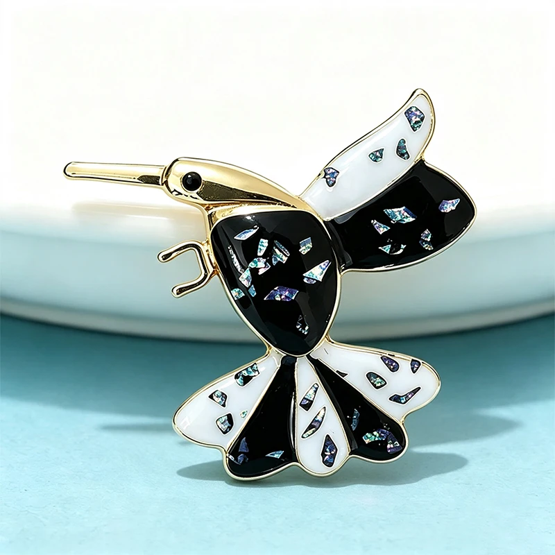 Wuli&baby Vintage Hummingbird Brooches For Women Unisex Black White Shell-chip Enamel Birds Animal Party Casual Brooch Pins Gift