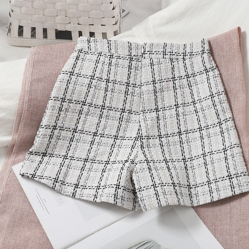 Tweed Thicked Shorts Women Autumn Winter Versatile Irregular Short Pantskirt Korean High Waist Slim Plaid Wide Leg Shorts