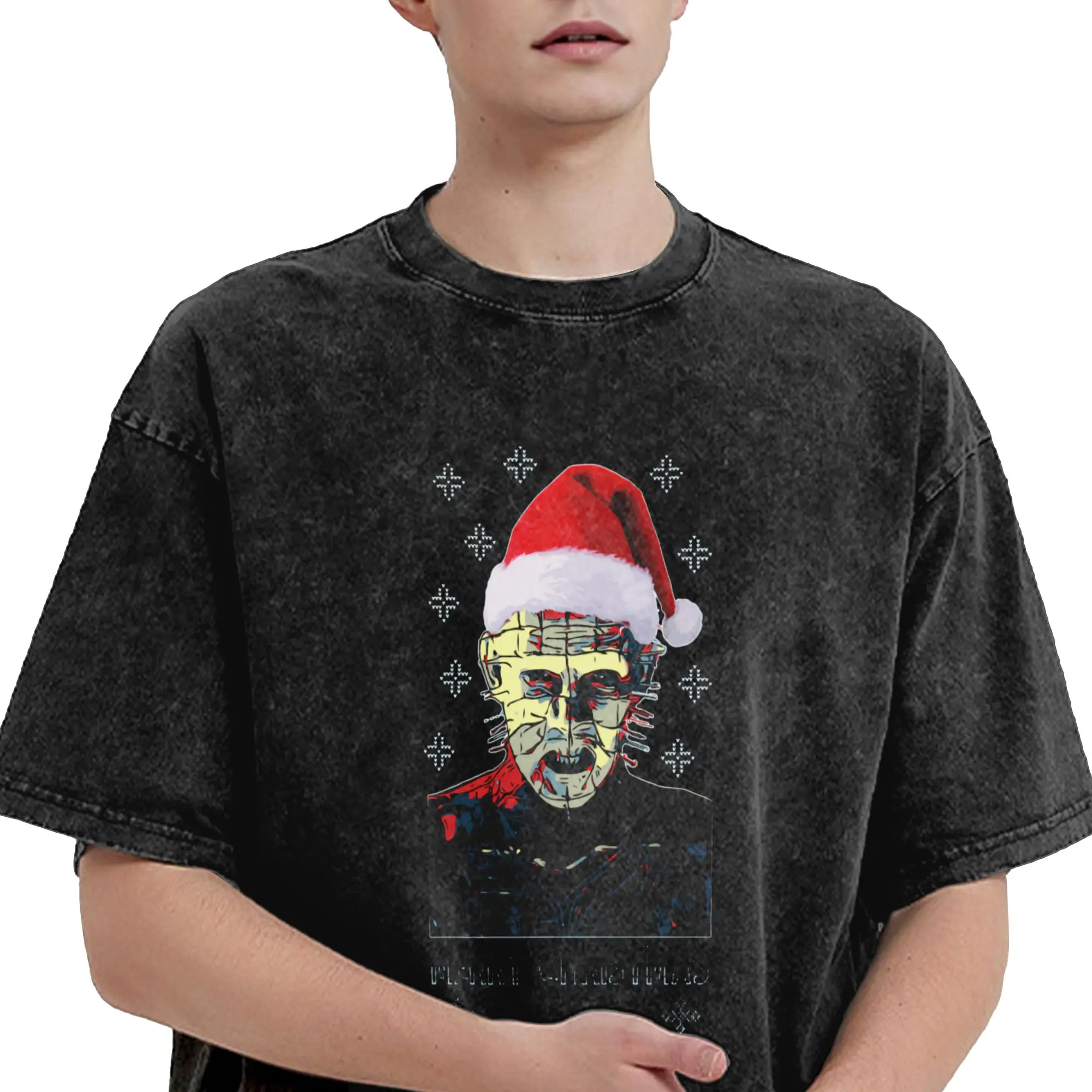 Harajuku Washed Shirts Hellraiser Pinhead Merry Christmas From Hell  Merch Fashion T-Shirts Oversize  Streetwear Short Sleeve