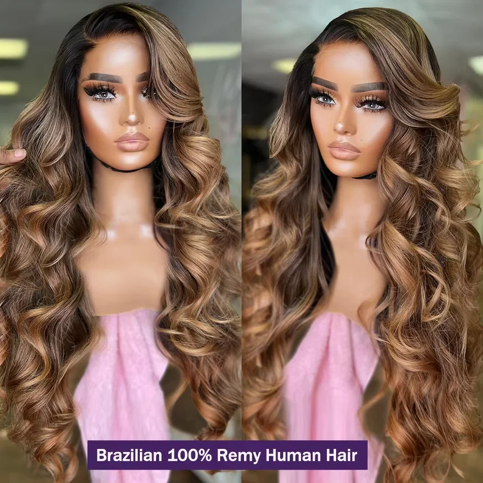 Resaltar Ombre cuerpo onda 360 peluca con malla Frontal cabello humano 13x4 13x6 4/27 pelucas frontales de encaje rubio miel prearrancadas 200 de