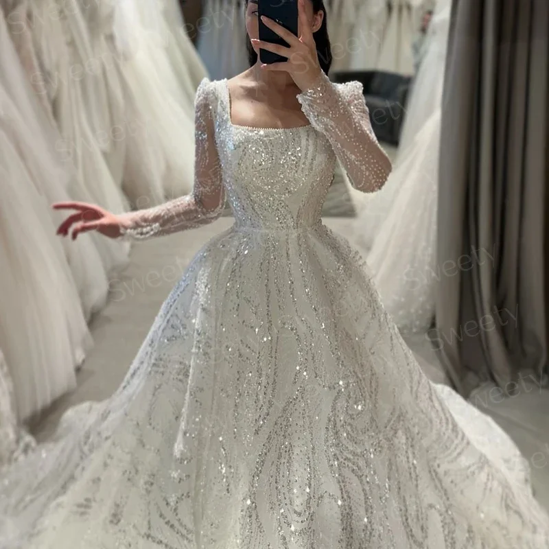 Luxurious Wedding Dress Embroidery With Beading Princess Ball Gown Square Collar Full Sleeve Button Vestido De Novia Customized