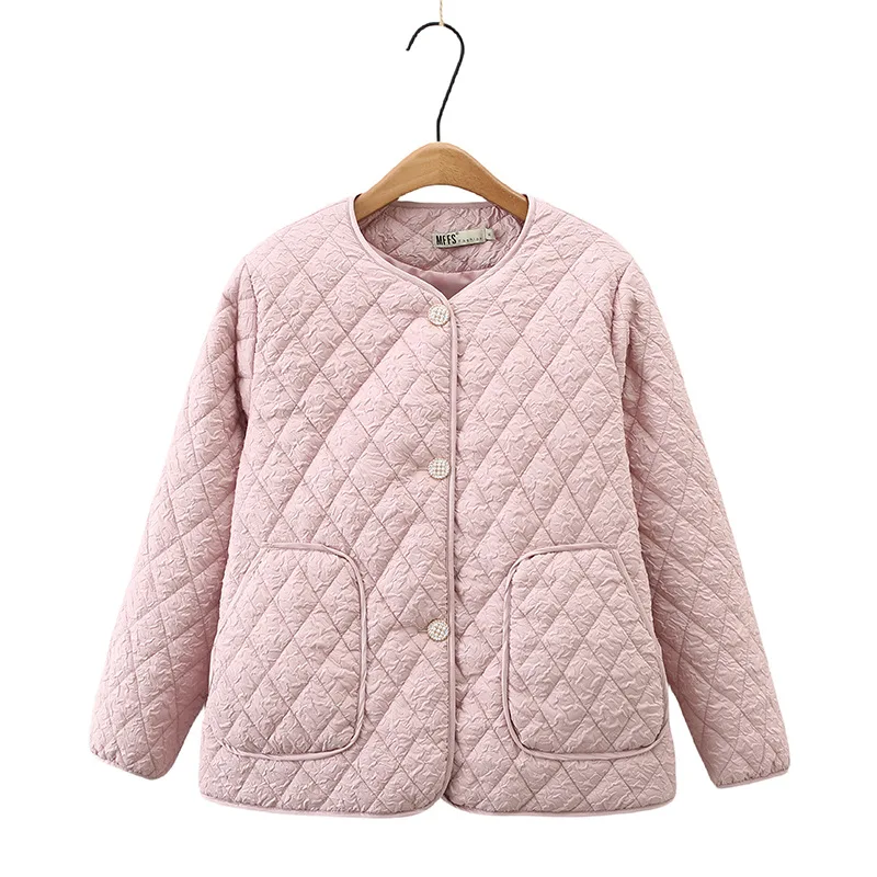 Fashion Fold Collarless Chic Thin Parkas Women Autumn Winter 2023 Plus Size Casual Clothing 3 Button Coat Thermal Quilted Jacket