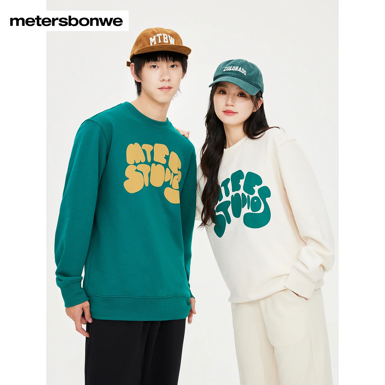 

Metersbonwe-Men Women's Ribbed O-Neck Design Pullover Retro Front Letter Print Comfortable Version Hoodie Casual Warm Autumn