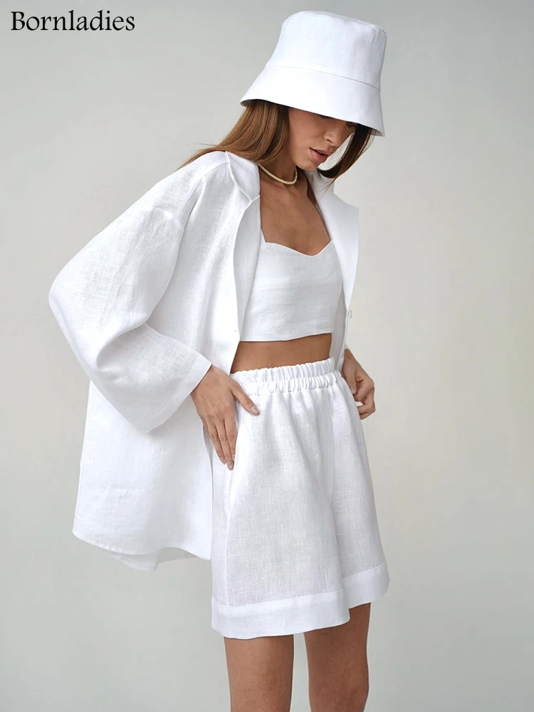 Bornladies Summer White 100% Cotton Shorts Suits Women 2022 Long Sleeve Casual Top Sets Wide Leg Shorts Sets 2-częściowe stroje