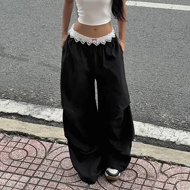 Street Lace Embroidery Casual Pants Women's Low Waist Loose Look Thin Spicy Girl Wide Leg Pants