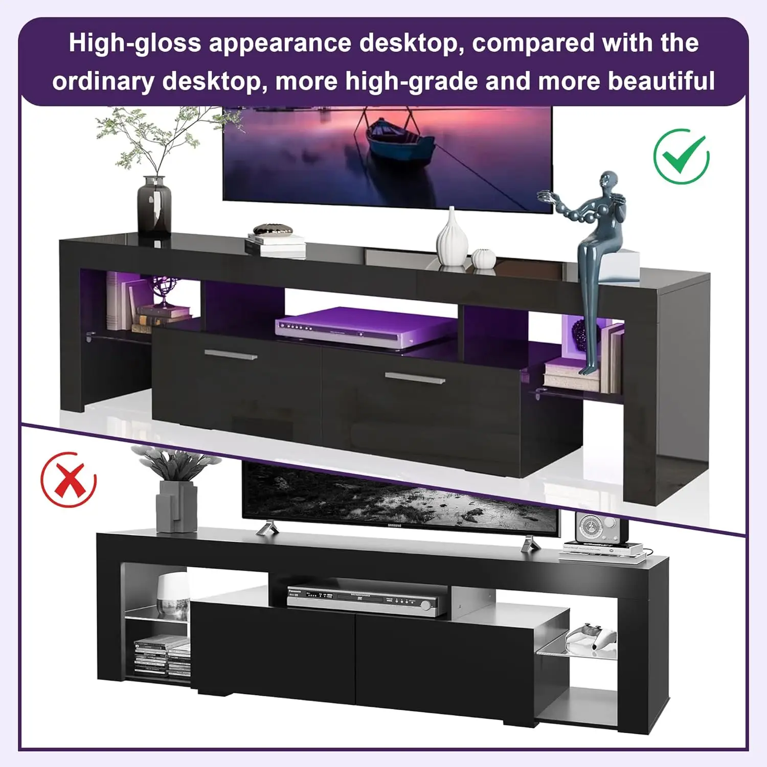 Modern LED 63 inch Long TV Stand with Large Storage Drawer for 50 55 60 65 70 75 Inch TVs, Black Wood Console