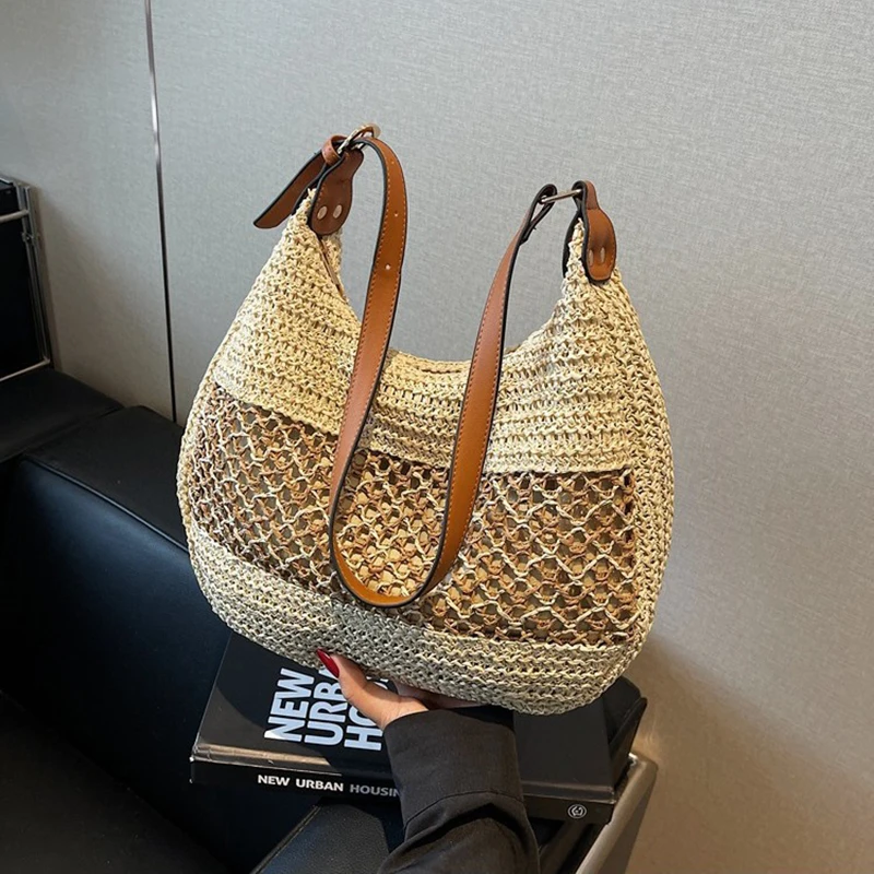 Damen-Umhängetasche mit Hohlmuster, große Kapazität, Strohweberei, Reisehandtasche, verstellbarer Riemen, Shopper-Einkaufstasche