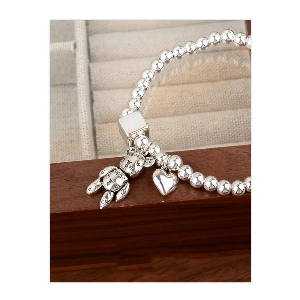 925 Sterling Silver Bracelets for Women Men String Accessories Retro Bear Heart Pendant Party Jewelry Gift