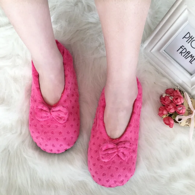 Home Plush Slipper Womens Winter Room Warm Non Slip Bow Knot Grip Funny Indoor Fluffy Female Furry House Floor Shoes Flat Black