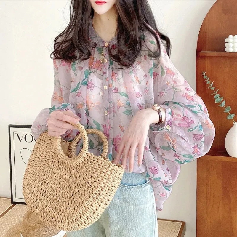 Chiffon Top Women\'s Summer New Loose and Fashionable Slimming Cover Shirt Sheer Lantern Floral Long Sleeved Sun Protection