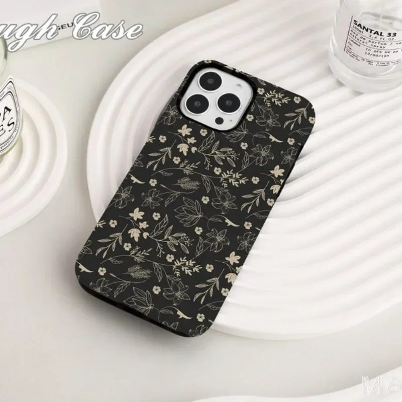 Black Pressed Flowers Phone Case For IPHONE 16ProMax 15 14 13 12 11 PRO Plus Acrylic TPU Two in one Mobile Phone Cases