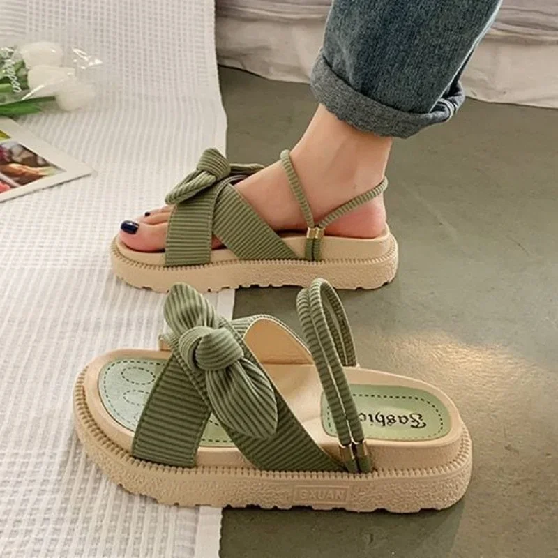 New Style Fairy Style Lady Summer Slippers Thick Platform Flat Sandals with Butterfly-Knot Summer Flip Flops Sandals Women Shoes