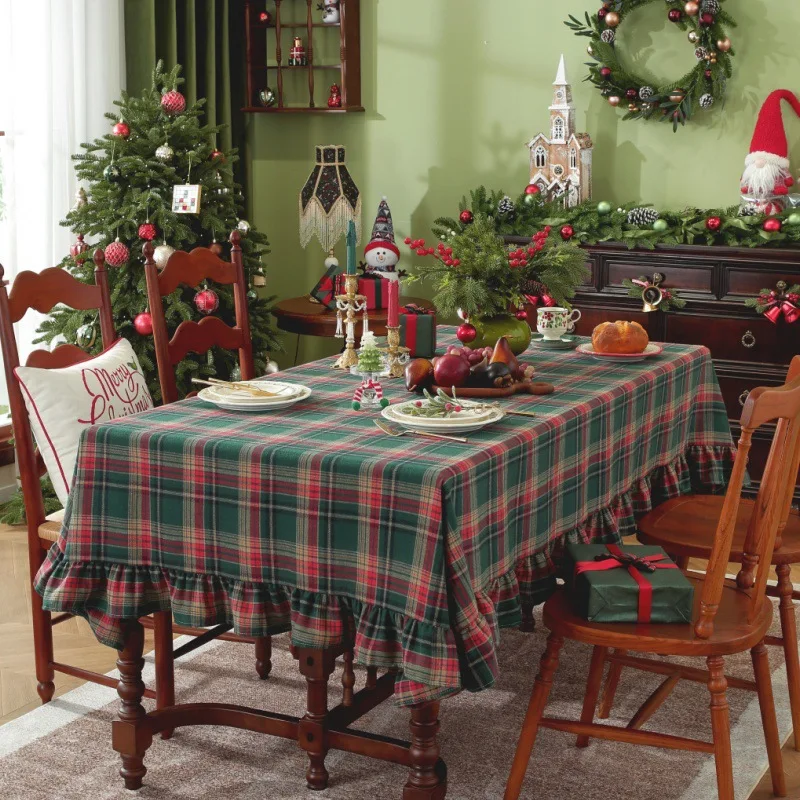 Round/Rectangular Christmas Plaid Tablecloth Ruffled Cotton Fabric Table Decoration for Wedding Kitchen Dining Room Table Covers