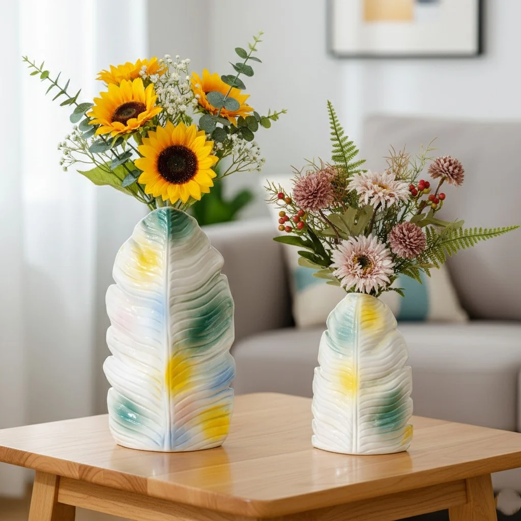 CAPIRON Modern Ceramic Vase with Banana Leaf Pattern Colorful Abstract Glaze Artistic Home Office Bookshelf Decorative Tabletop