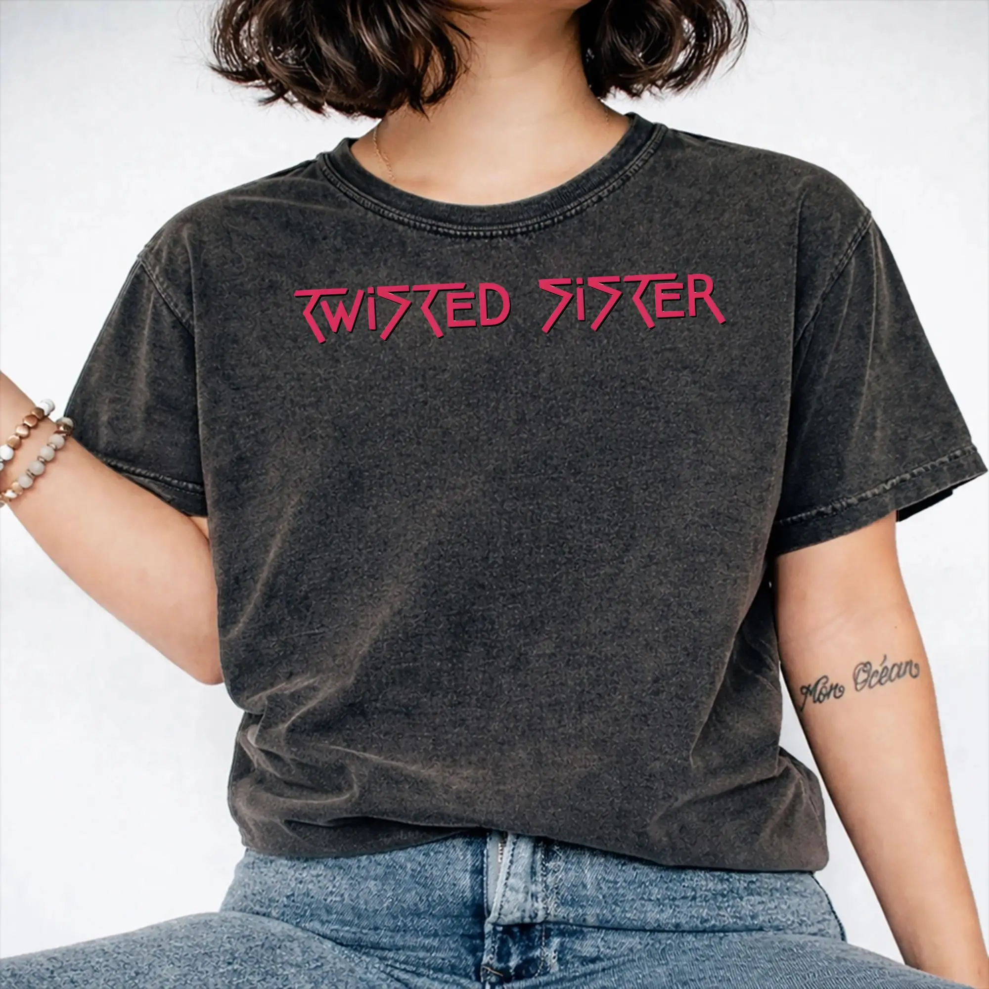 Washed Shirt Twisted Sisters metal band Outfit Novelty T Shirt High Street  Streetwear Short Sleeve Graphic Printed Tops Tees