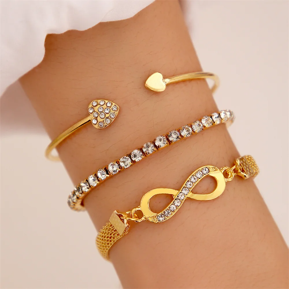 Vintage Infinity Heart Crystal Rhinestone Bracelet Set for Women Female Gold Color Metal Adjustable Bracelets Fashion Jewelry