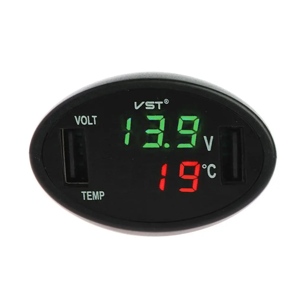 Car Digital LED Thermometer Voltmeter Auto Dual USB Charger Battery Monitor Temperature Gauge