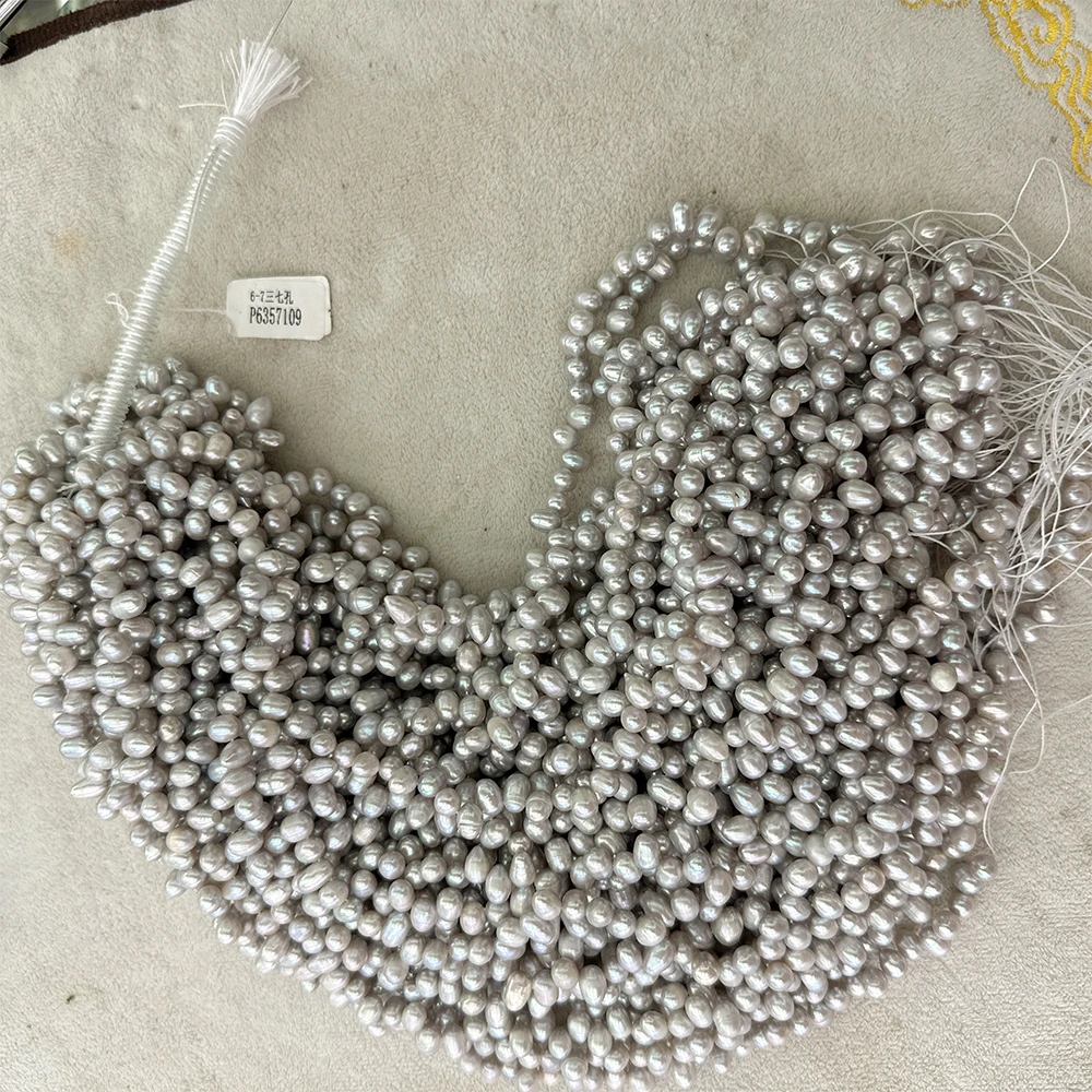 

6-7mm Light Grey Freshwater Pearls, Natural Oval-shaped Pearl in Strand Loose Beads 1 line about 62pcs for Jewelry Making