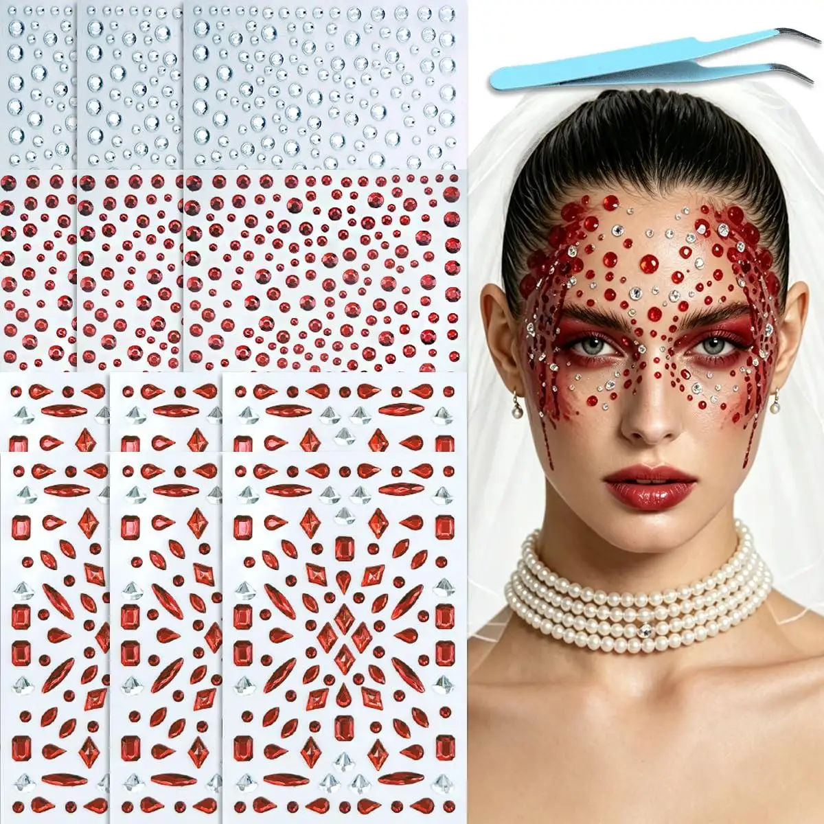 1/12 Sheets Red White Gems Face Jewels Self-Adhesive Rhinestones Face Stickers for Halloween Witch Makeup Rave Party Eye Body