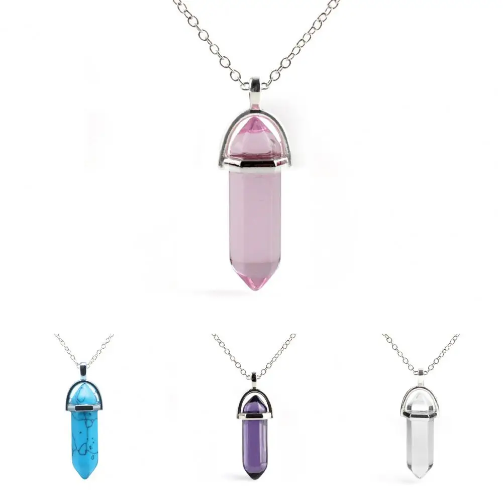 1PCS  Faux Crystal Hexagonal Stone Pendant Chains Necklace Fashion charms Pendant