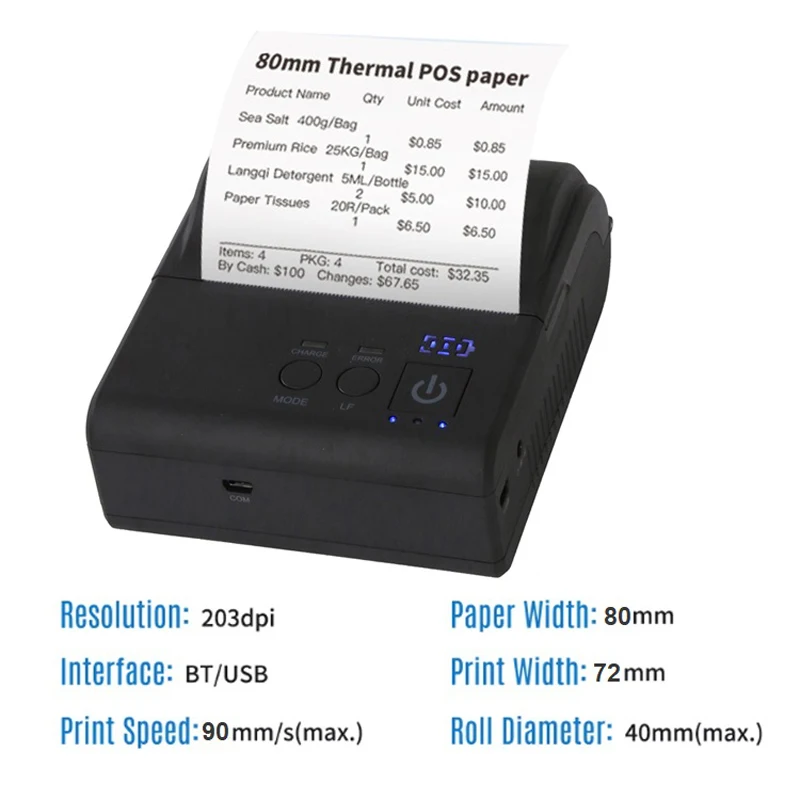 

Low operating cost 80mm mobile blue-tooth printer no need for ribbon/cartridge