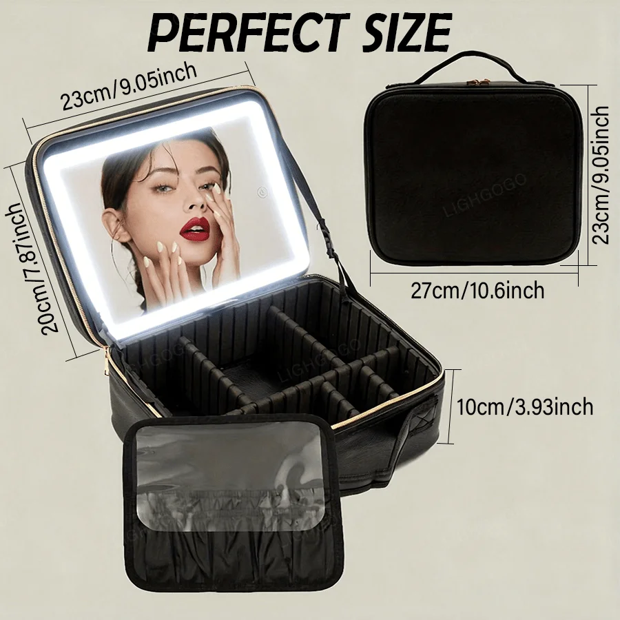 1pc,Travel Makeup Bag With LED Mirror, 3 Adjustable Light Modes, Adjustable Brightness (Long Press To Adjust), Removable Interna