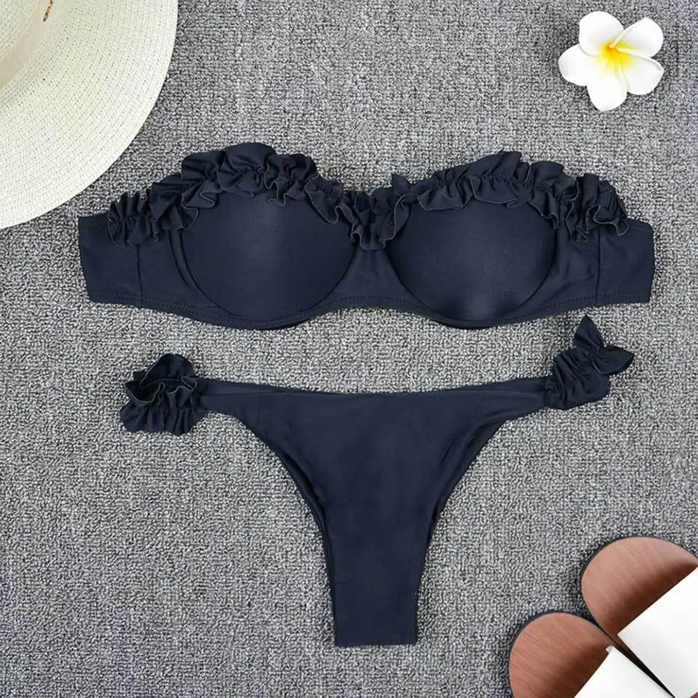 2 unids/set de Bikini de verano para mujer, conjunto de sujetador Bandeau con ribete de volantes, bragas de tiro medio, traje de baño Push Up, traje de baño de diseño dividido