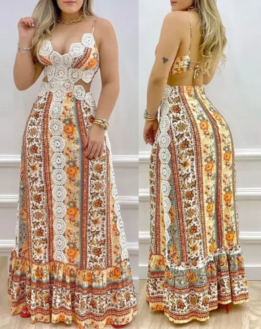 

Women's Dress Sexy Casual Vacation Floral Print V-Neck Spaghetti Strap Contrast Lace Tied Detail Backless A Line Maxi Dress