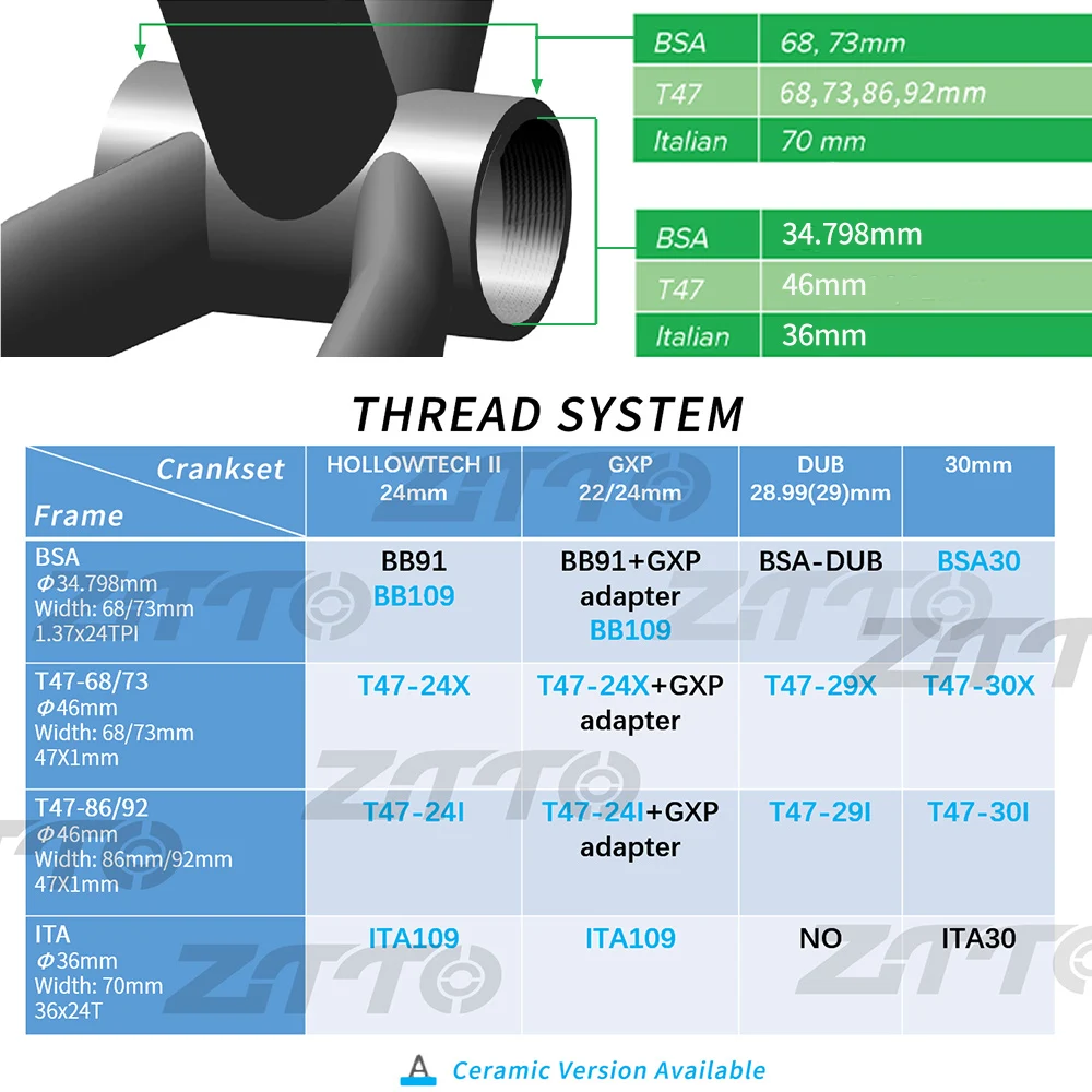ZTTO Bicycle T47 Bottom Bracket 24 Crankset DUB 29 30mm Sealed Bearing Thread 47 68 73mm Shell 28.99mm Spline Axis MTB Road Bike
