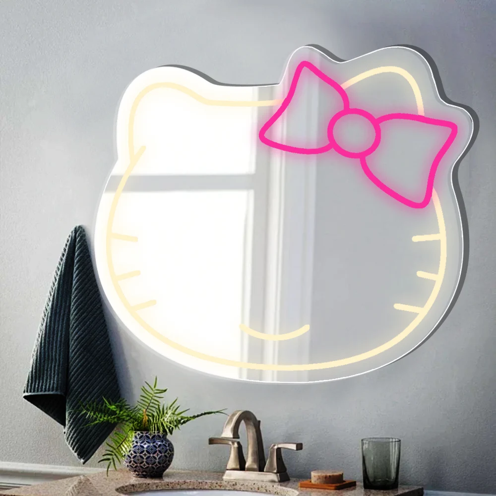 

Led Neon Cat Vanity Mirror Dimmable Hello Neon Sign 16"x14" Anime Cat LED Mirror Sign for Bar Bedroom Decorative Lights