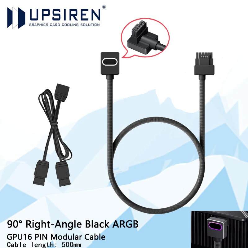 

UPSIREN 16-контактный (12 + 4-контактный) угловой адаптер ARGB освещения 12VHPWR 90 градусов 16-контактный кабель питания графического процессора для серии RTX 40