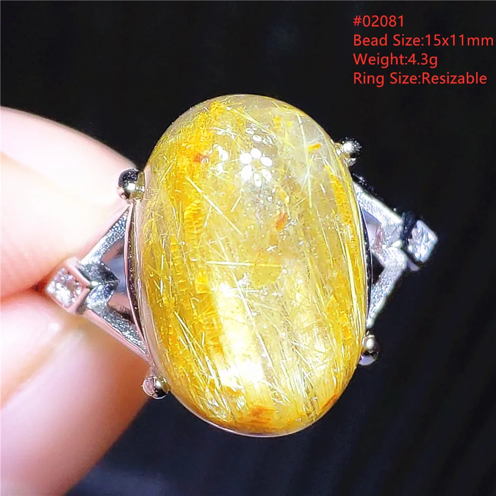 Natural Gold Rutilated Quartz Adjustable Ring Women Men 925 Sterling Silver Wealthy Bead Rutilated Ring Jewelry AAAAAA