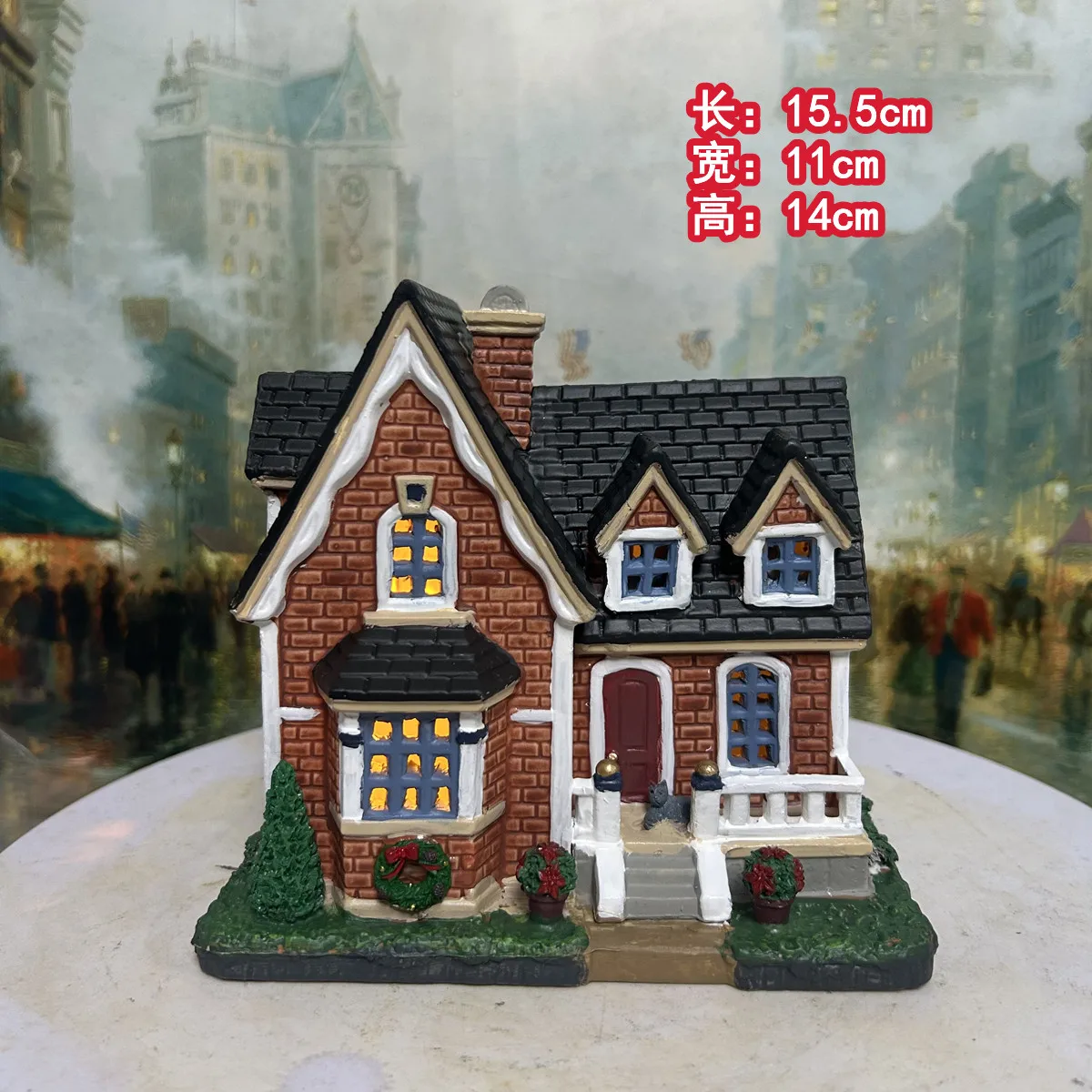 Light Up Ceramic Red Brick House Figurine Christmas Village Cottage With Wreath Tabletop Decoration Xmas Seasonal Home Ornament