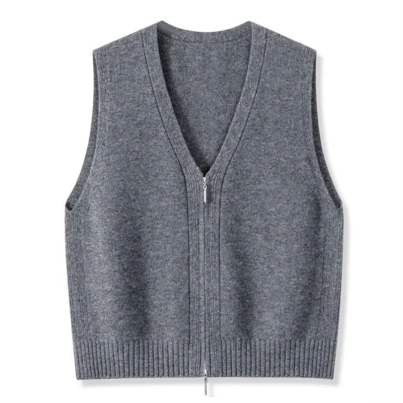 

Women Knitwear Autumn Women Double Zipper V-neck Chic Simple Sleeveless Sweater Vest Out Wear Warm Gray Knitted Coat Cardigan