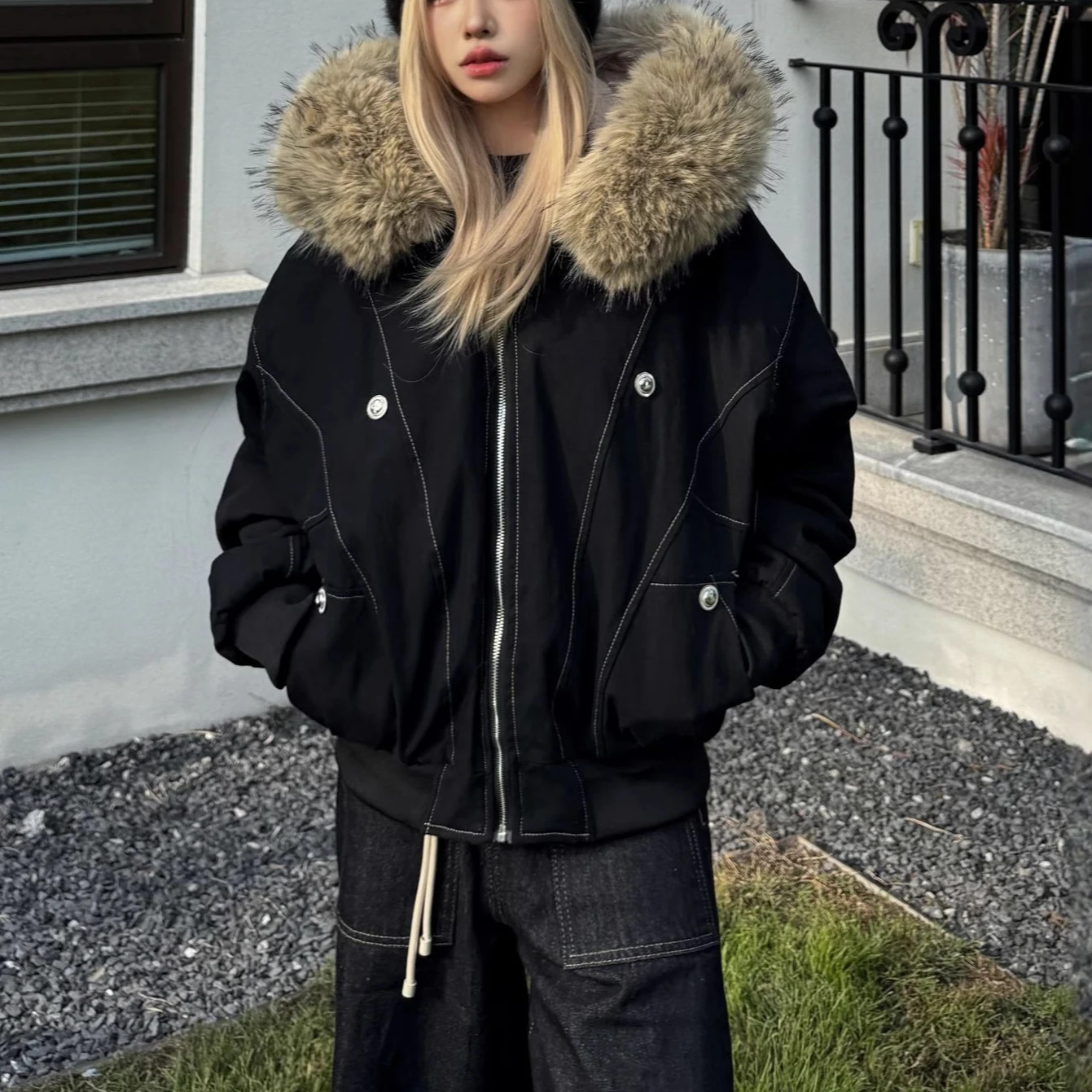 

Women Parkas Coats Solid Jackets Pocket Zipper Fur Collar Hooded Long Sleeves Thick Loose Casual Streetwear 2025 Autumn Winter