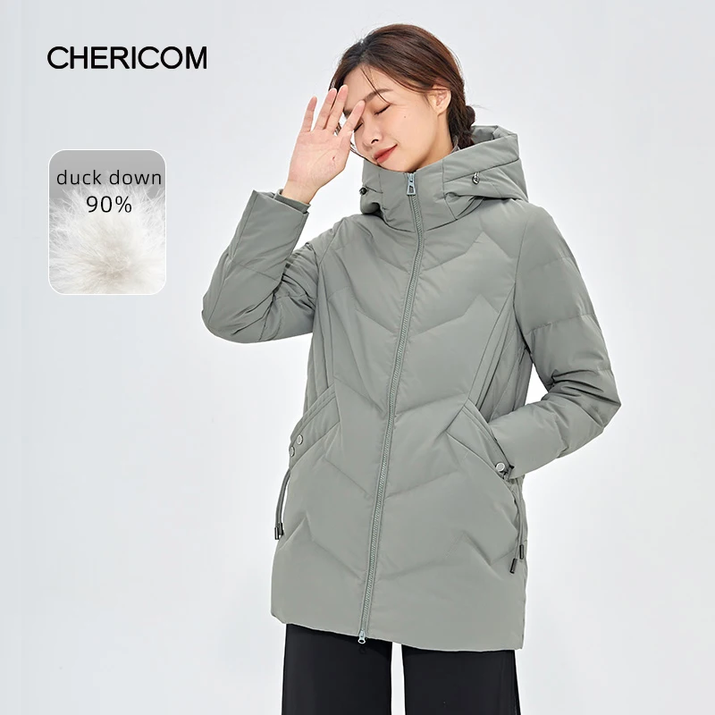 

Chericom Winter Women's Duck Down Hooded Down Coats Mid Long Padding Skinny Commute Down Jacket Thick Warm Padded Jacket 289193