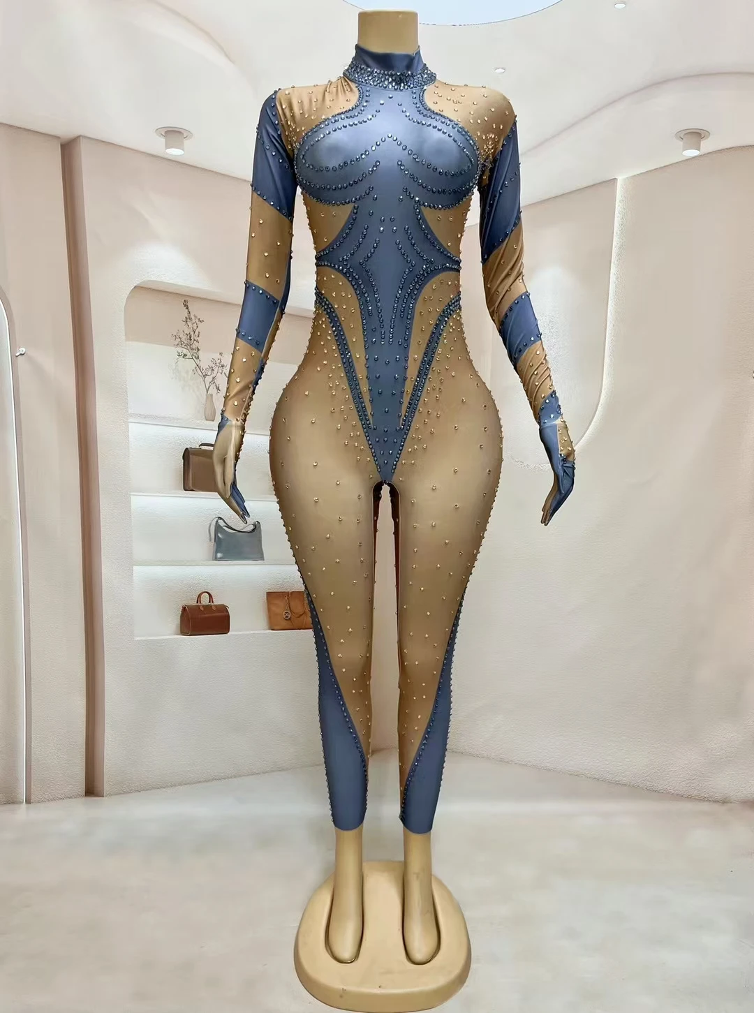 Sparkly Rhinestones Jumpsuit Gloves for Women Sexy Stretchy Performance Dance Costume Nightclub Jumpsuit Show Stage Wear Dudou