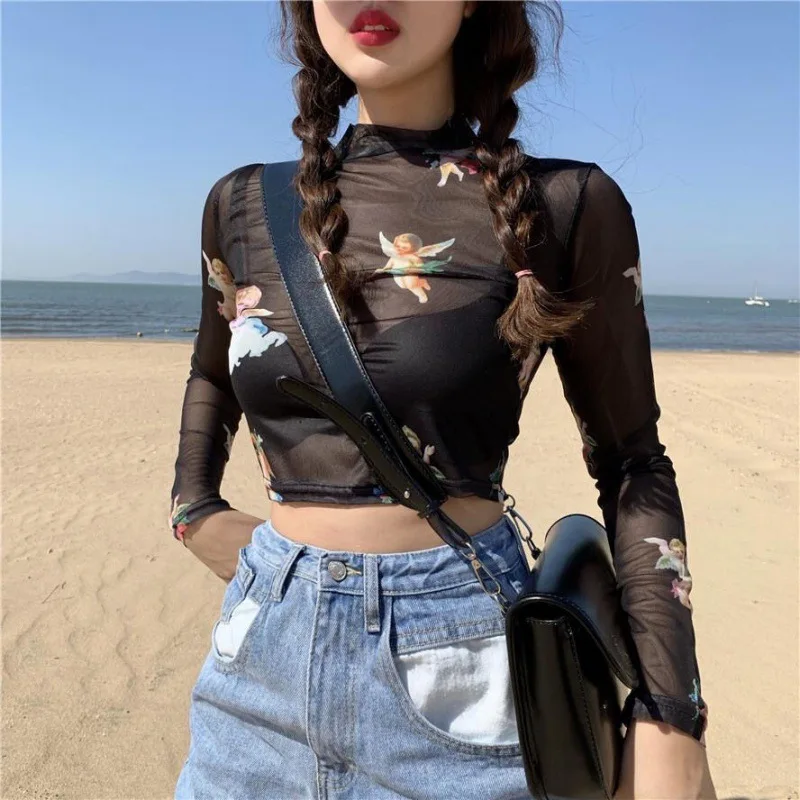 Gothic Print Long Sleeve T-Shirt Women Slim Transparent Mesh Crop Tops Y2K Aesthetic Summer Streetwear 90s Vintage Punk Tees