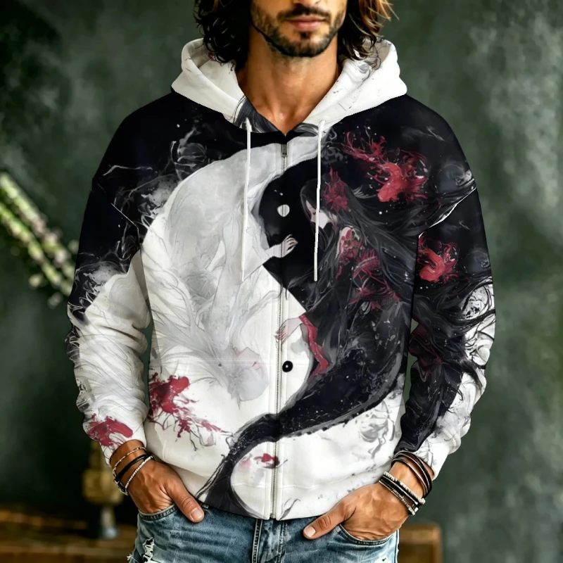 Men Zip Up Hoodie 3D Print Sweatshirt Crane Cloud Chinese Style Art Pattern Long Sleeve Drawstring Hooded Jacket Male Casual
