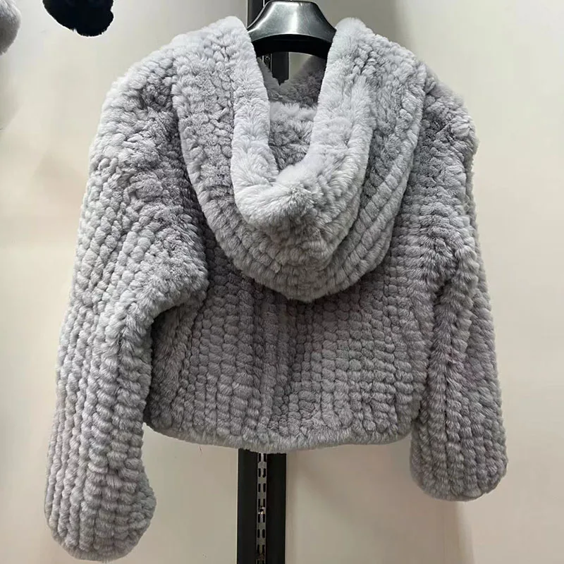 Women Winter Knitted Real Rex Rabbit Fur Hooded Coat Female Fashion Warm Genuine Fur Jackets Natural Rabbit Fur Outwear Female