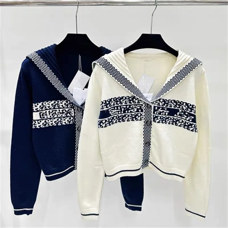 Navy Style Autumn and Winter New Navy Collar Letter Jacquard Tencel Wool Jacket Versatile Knitted Cardigan Women