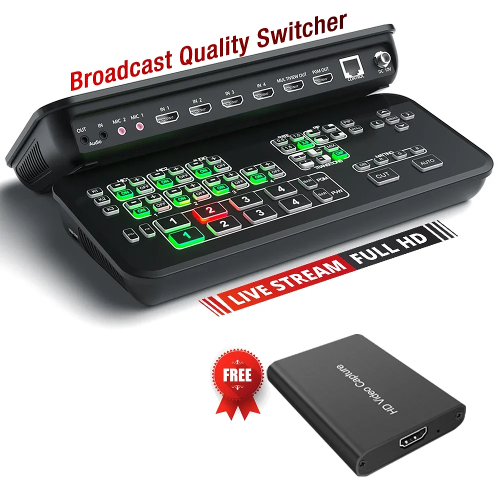 2025 4 Channel HDMI RGB One-click Chroma Key Video Mixer Switcher Broadcast Live Stream hdmi