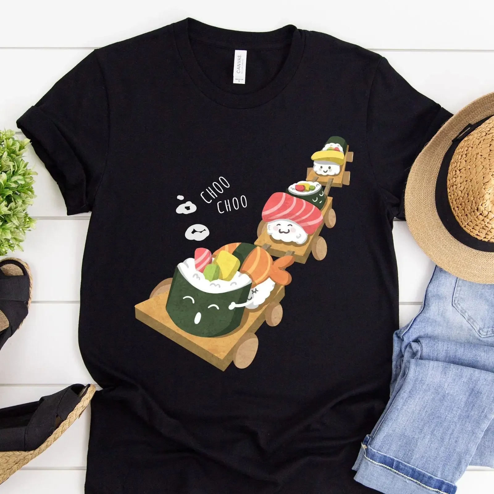 Funny Kawaii Sushi Train T Shirt Lover s Japanese Food Foodie Cute Roll Sashimi  vintage Washed Slightly Soft