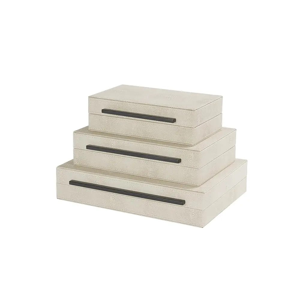 

Kingflux Ivory Shagreen Leather Set Of 3 Decorative Box With Bla Handles,Storage Boxes With Lid, Jewelry Box,Accessory